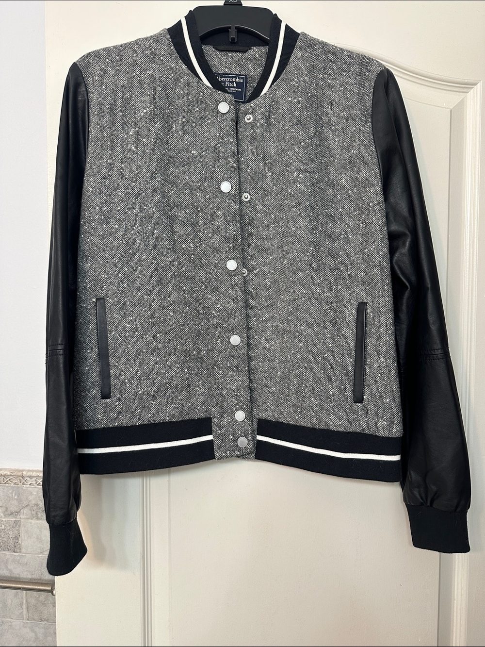 Abercrombie & Fitch Black and Gray Tweed Varsity Jacket